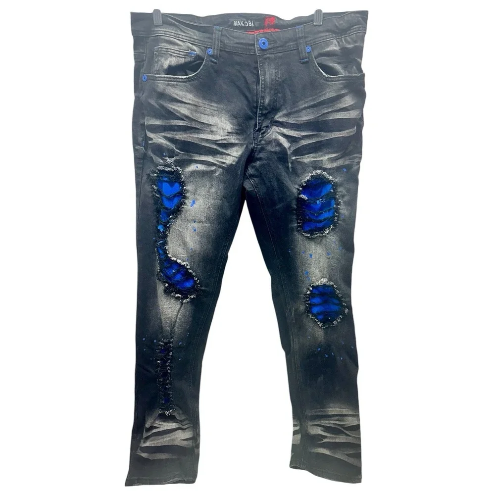 MAKOBI M1969 BONDI SHREDDED JEANS - (BLACK/ Blue) Size 36 x 32
